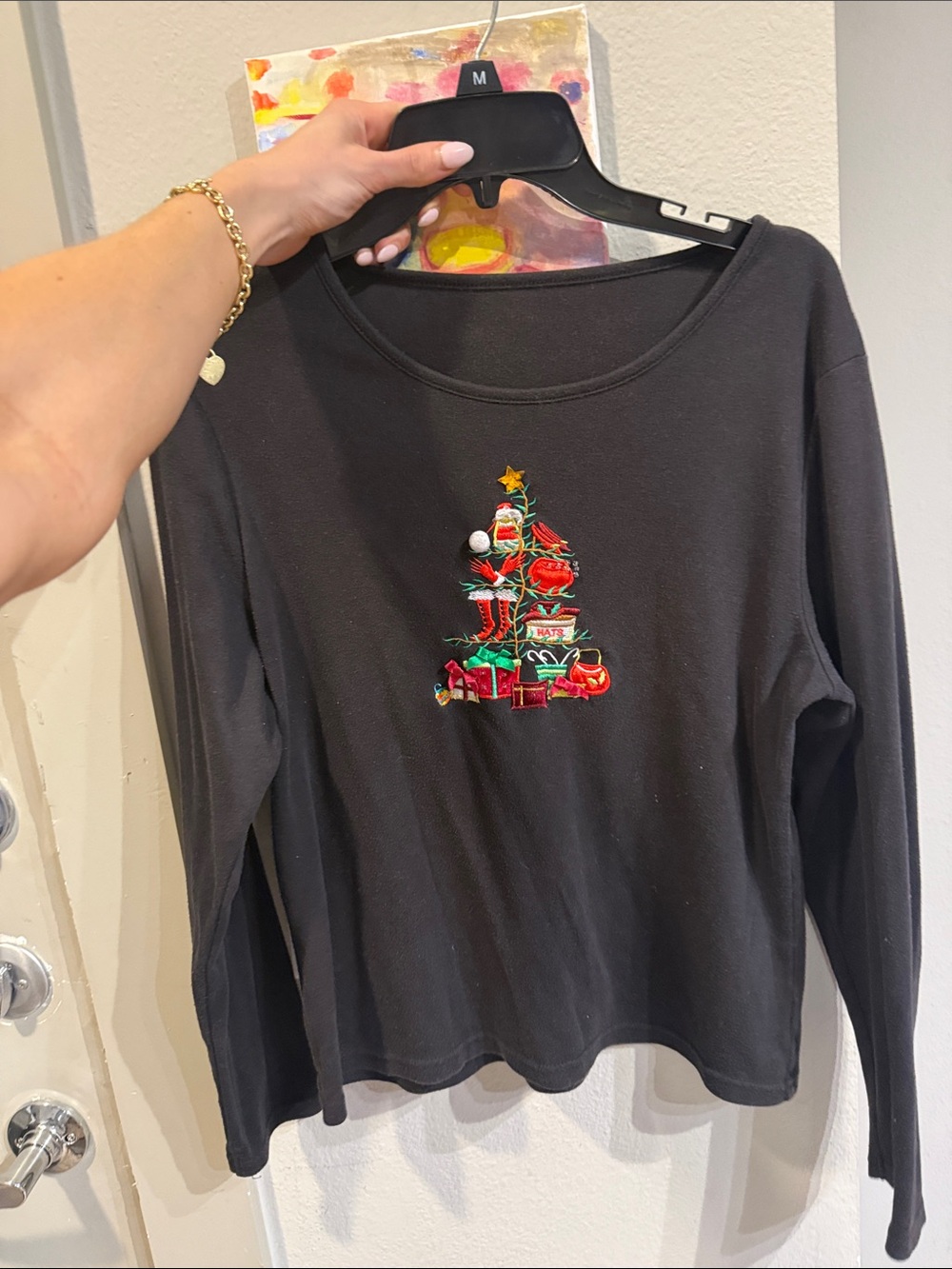 Black Long-Sleeve Top with Festive Christmas Tree Embroidery